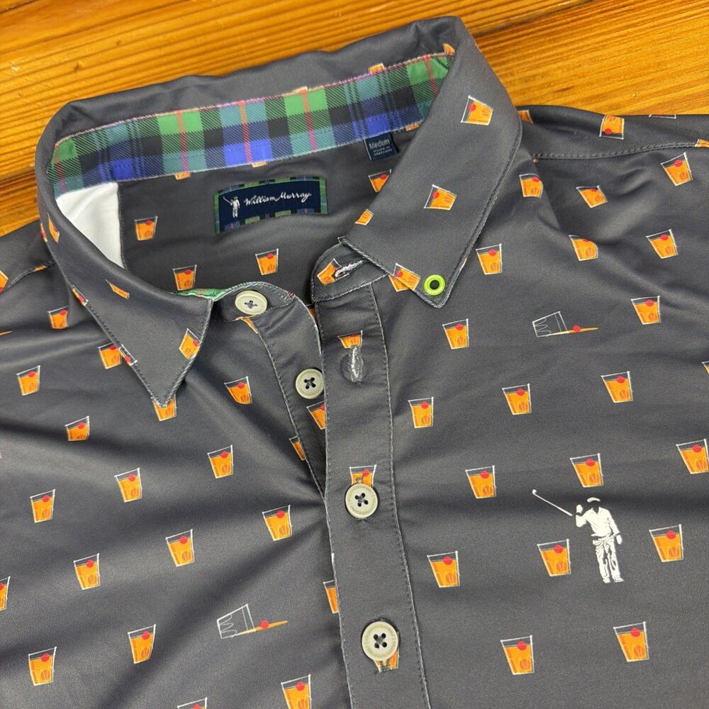 William Murray Polo Shirt Mens Medium Gray Cocktails Graphic Golf Athletic